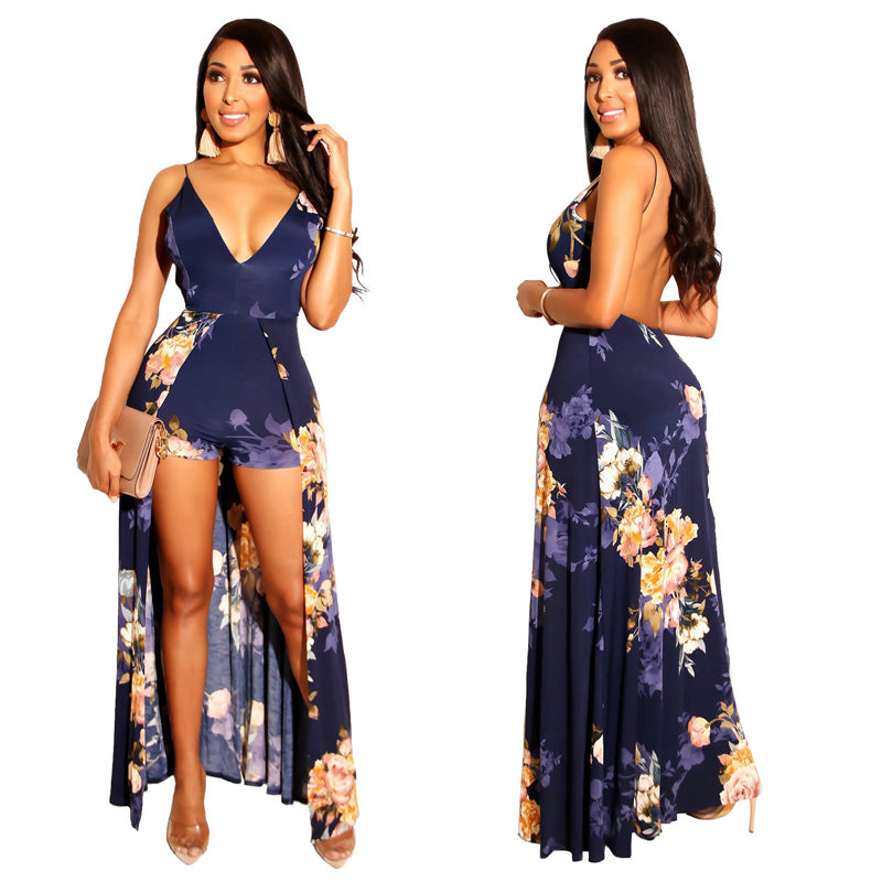 Sexy With Train Spaghetti Strap Backless Print Romper