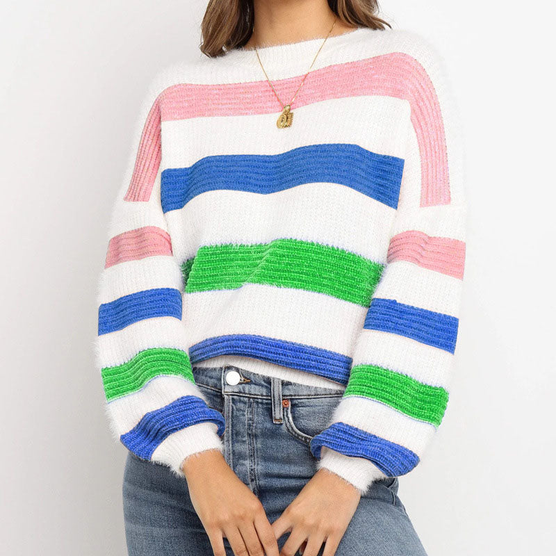 Crewneck Lantern Sleeve Colorblock Striped Sweater