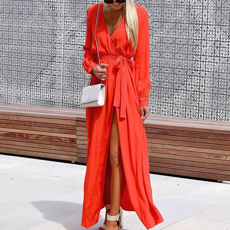 Strappy Tie Waist Slit Wrap Maxi Dress