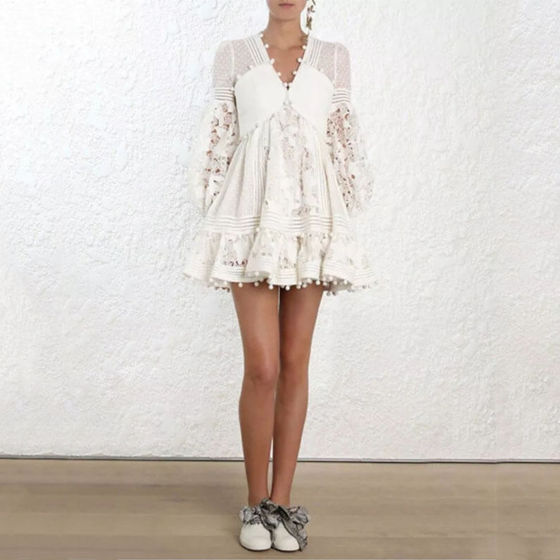 Lantern Sleeve Lace A Line Short Dress