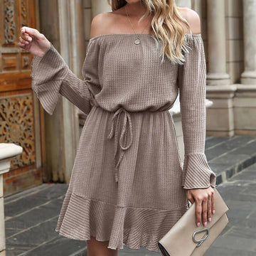 Off Shoulder Tie Waist A Line Short Dress