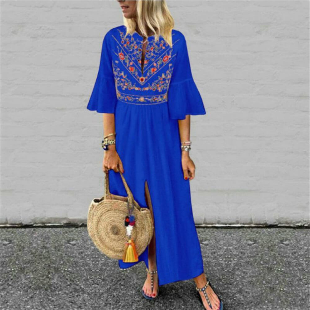 Retro Embroidered Loose Ankle Length Beach Dress