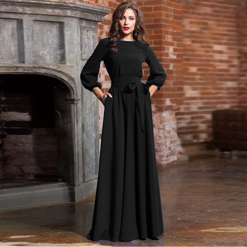 Vintage Lantern Sleeve Pleated Maxi Dress