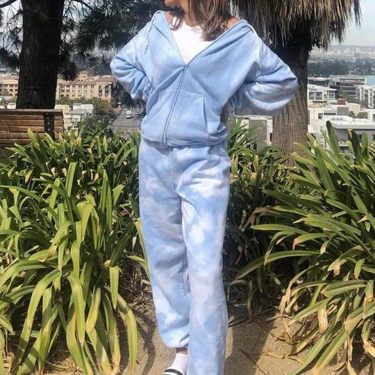 Casual Blue Print Loose High Waist Long Sleeve Zipper Two Pieces Set