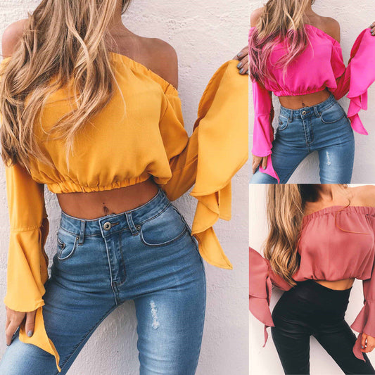 Off Shoulder Candy Color Long Trumpet Sleeves Short Blouse Crop Top