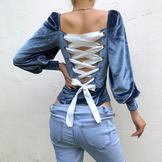 Blue Lace Up Velour Puff Long Sleeves Bodysuit