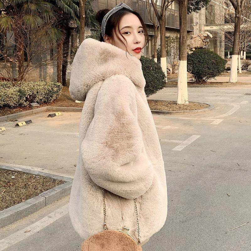 Faux Fur Pure Color Zip Up Coat