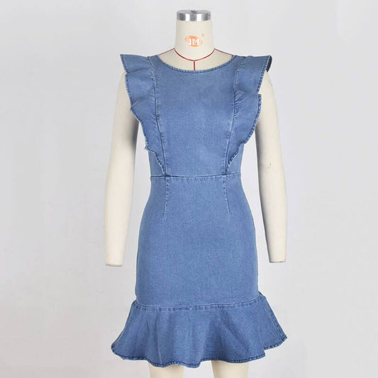 Ruffle Tight Denim Short Dress