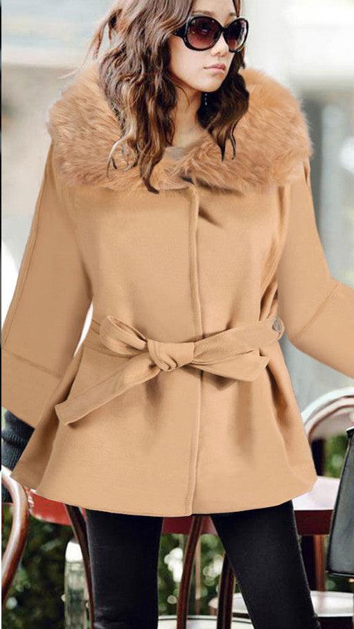 Wool Collar Long Sleeves Slim Wool Coat With Belt