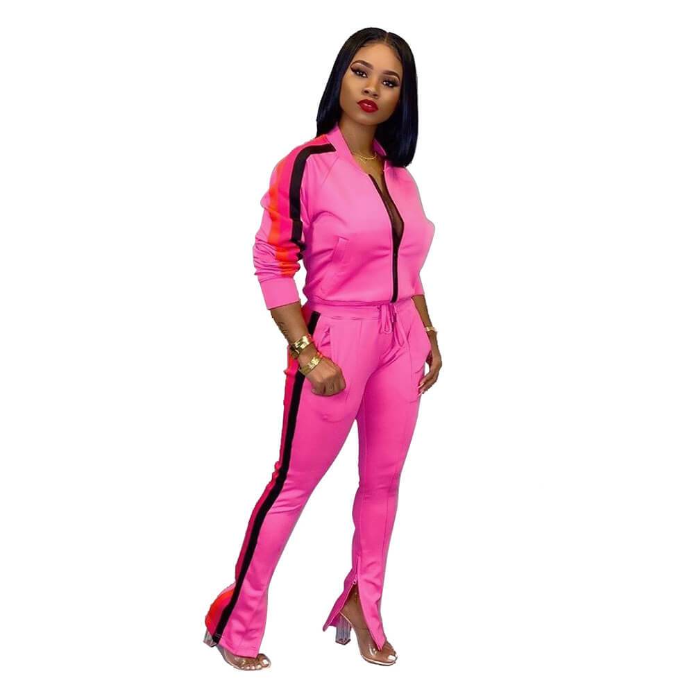 Zipper Blosue High Waist Patchwork Bell Bottom Pants Set