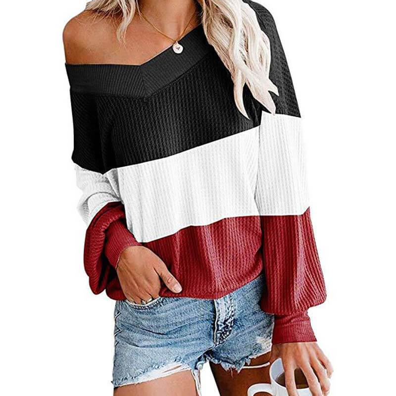 Patchwork Big V-neck Loose T-shirt