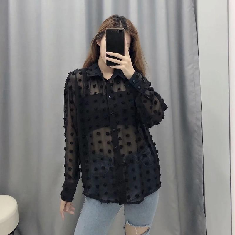 Fashion Dot Stitching Casual Chiffon Blouse Shirt Women Long Sleeve Chic Blusas Perspective White Chemise Tops