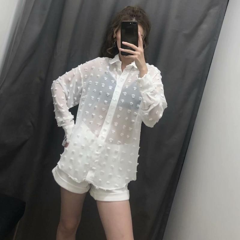 Fashion Dot Stitching Casual Chiffon Blouse Shirt Women Long Sleeve Chic Blusas Perspective White Chemise Tops