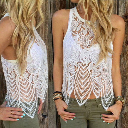 Eyelash Lace Round Collar Sleeveless Beach Blouse