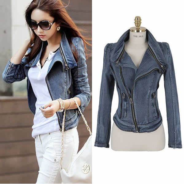 Slim Fit Zipper Long Sleeved Women's Denim Jacket - MeetYoursFashion - 3