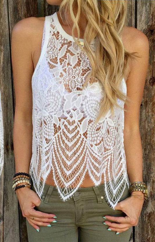 Eyelash Lace Round Collar Sleeveless Beach Blouse