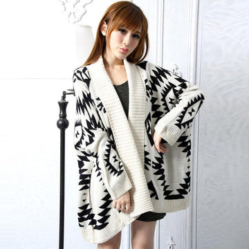 Loose Geometry Pattern Long Sleeve Knitting Wool Cardigan - MeetYoursFashion - 1
