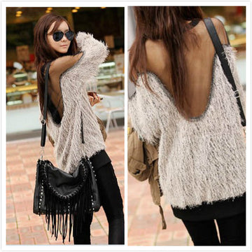 Mesh Patchwork Open Back Loose Sweater - MeetYoursFashion - 1