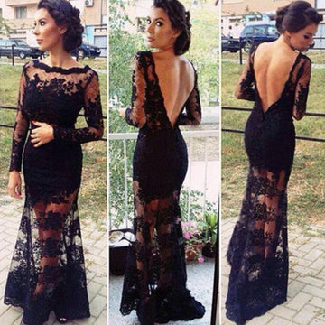 Backless Long Sleeve Long Lace Dress - MeetYoursFashion - 1