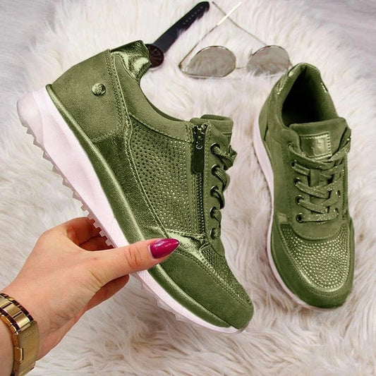 Lace Up Rhinestone Zipper Sneakers