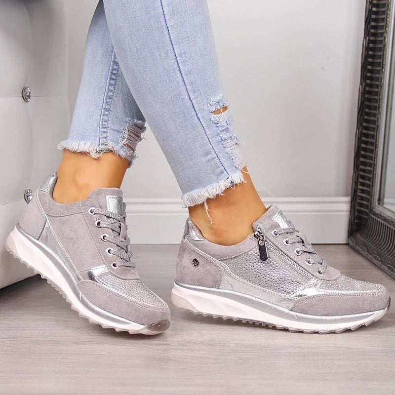 Lace Up Rhinestone Zipper Sneakers