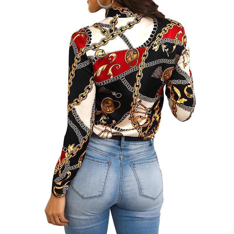 Fashion Chain Printing Ladies Shirt Neckline With Long-Sleeved Casual Shirt Blouse