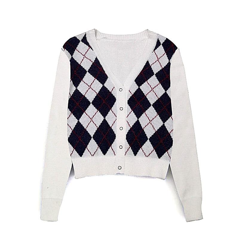 Vintage Stylish Geometric Rhombic Cardigan Sweater Women Fashion Autum
