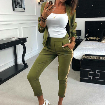 Women'S Tracksuit Two Piece Set Sports Suits Autumn New Fashion Casual Sequins Stitching Jacket Trousers Sports Suit